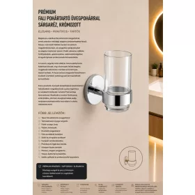   Prémium fali pohártartó üvegpohárral – sárgaréz, krómozott