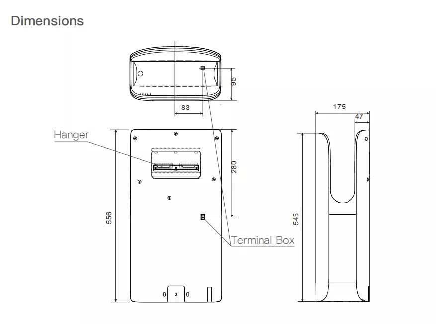 Technische Zeichnung des AK2065 Airblade-Händetrockners